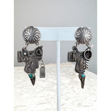 Vintage Sterling Silver Turquoise Southwestern Concho Motif Earrings 