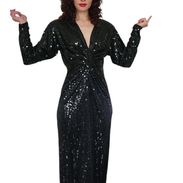 Vintage 1980s Black Sequined Evening Dress Oleg Cassini / M 