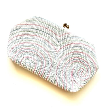 VIntage 50s 60s Beaded Clutch Mod Swirl Handbag Glass Beads White Wedding Purse Bridal Bag 