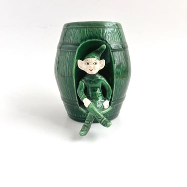 PIXIE ELF PLANTER, Treasure Craft Elves, Green Ceramic Pixies, Barrel Planter. 1950s Kitsch Charm 