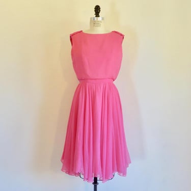 1960's Hot Pink Silk Chiffon Cocktail Dress Sleeveless Full Skirt  60's Party Dresses 28.5
