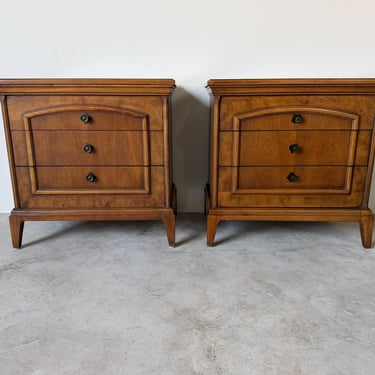 1970s Mid-Century Burl Wood Three-Drawer Nightstands – Pair 