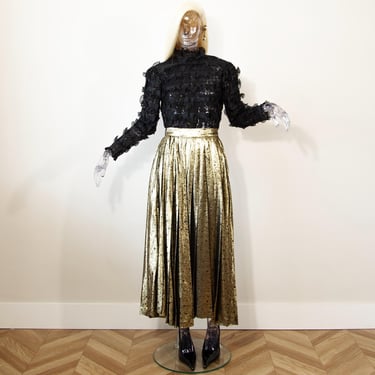 Vintage 1980s Christian Dior Gold Metallic Pleated Skirt Lamé Silk Size M UK 12-14 