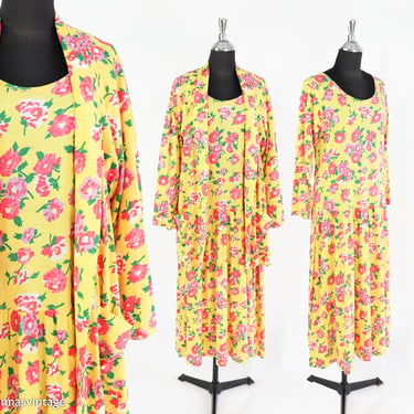 1980s Yellow Floral Dress & Jacket | 80s Yellow Flowered Cotton Knit Set | Adrienne Vittadini | Medium 