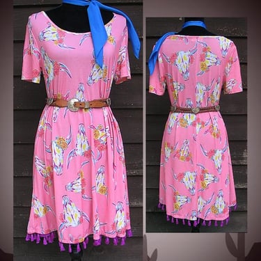 Women's Vintage Retro Southwestern Dress by Simply Southern, Slip-On in Medium Pink with White Cow Heads, Tag Size Small  (see meas. below) 