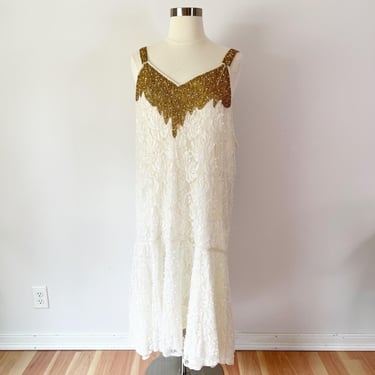 3X Vintage 1980s does 1920s Lace Midi Dress White Gold Beaded Pearl Drop Waist 