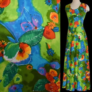 Vintage 60s Lauhala Hawaiian Maxi Dress, Tropical Floral Print Polished Cotton, Hawaii Dress, Size XS to Small 