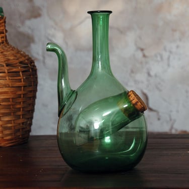Vintage green glass wine bottle / vintage hand blown wine decanter / Italian wine bottle  with ice chamber/ antique glass wine decanter 