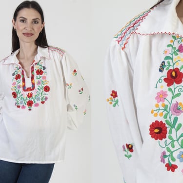 White Mexican Tunic, Vintage Floral Embroidered Top, Festival Fiesta Blouse 