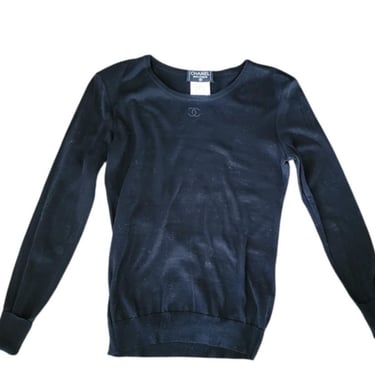 Vintage 90s CHANEL Sweater Black Cotton Long Sleeve Top CC Logo / FR 40 