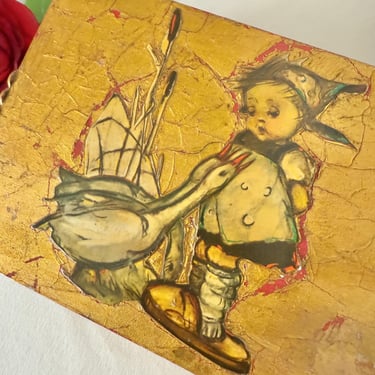 Vintage Jewelry Trinket Box, Decoupage, Hummel Children, Crackle Design, Velvet Lined, Ornate, Dresser Top 
