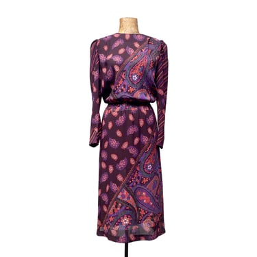 Vintage 1980s Brown Paisley Print Dress, Puffed Sleeve Mixed Print Rayon Day Dress, Warren Z Secretary Dress, Medium 40