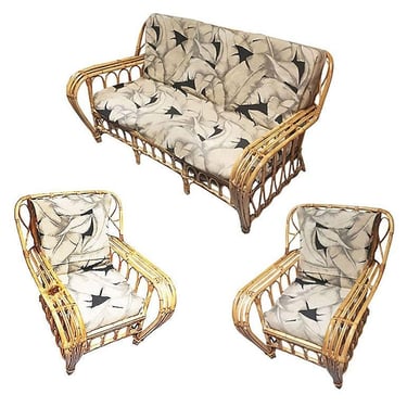 Restored Art Deco Preside Stick Reed Rattan Sofa, Lounge Chair Livingroom Set 