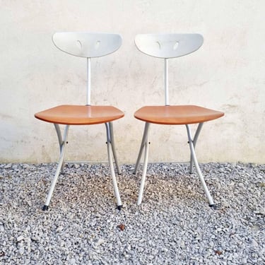 Pair of Postmodern Wooden Metal Folding Chairs /Piu Chairs /Chiaramonte & Marin Design for Bonaldo /Retro Chair /Italian Design /Italy /'90s 