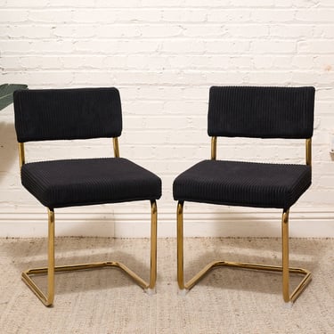 Pair of Vintage 1970s Black Corduroy Cantilever Dining Chairs with Brass Frames