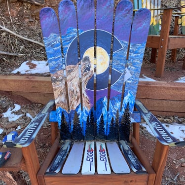 Howling Wolf Colorado Mountain Night Moon Mural adirondack ski chair, ski chairs, Hand painted, ski chair, wolf art 