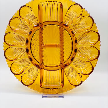 Vintage Amber L.E. Smith Heritage Pattern 12 Deviled Egg Tray Plate Platter by LeChalet