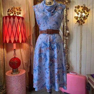 vintage 1970s blue fit and flare dress, cowl neck, botanical, floral, full skirt 