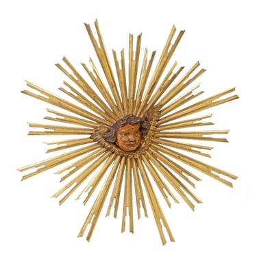 Fine Large Antique European Religious Giltwood Sunburst & Cherub Mask Altar Element Wall Hanging Plaque - 19th Century 