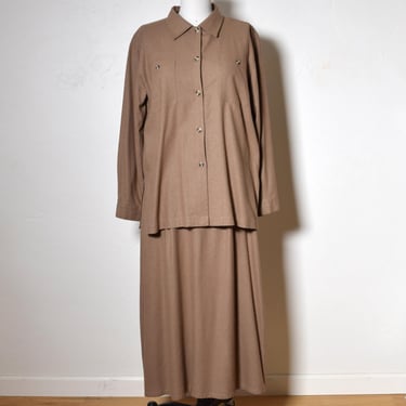 Vintage 1990s WOVEN Fawn RAW SILK 2 Piece Resort Blouse + Skirt Outfit Set 