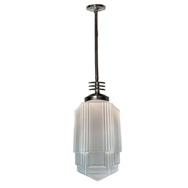 Art Deco Chrome Streamline Pendant Light w/ Skyscraper Milk Glass Shade 