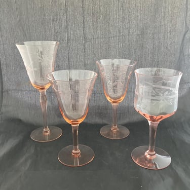 Set of 4 Mismatched Vintage Pink Depression Floral Etched Crystal Wine Glasses Mixed Goblets 