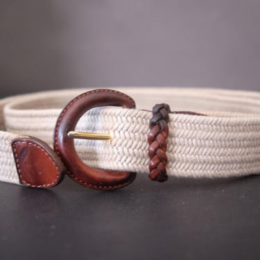 Vintage Talbots Woven Stretch Belt Leather Trim | Beige Size Small 
