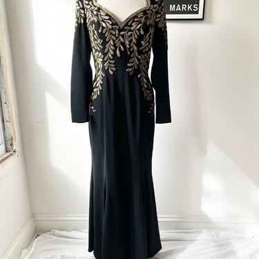 Vintage 1980s Oleg Cassini black gold evening gown size med, embellished beaded formal black dress, long sleeve gold ornate dress 