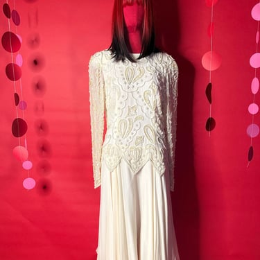 Vintage 1980s Pearl Beaded Cream Dress – Forever Yours “Night Time” – Hand-Embellished Paisley Satin – Retro Bridal or Cocktail 