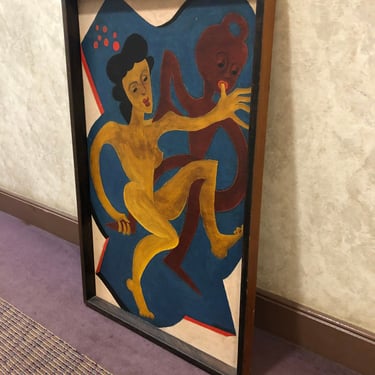 John Sweeney 1947 Odd Figural Mid Century Modern Surrealist Oil on Board Painting 