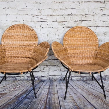 Set of 2 Vintage Raffia Flower Chair with Iron Base Mid Century 