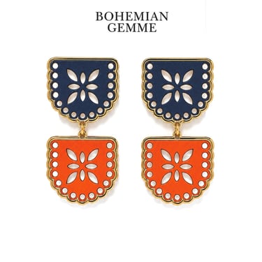 Navy and  Orange 2 Tier Papel Picado Earrings