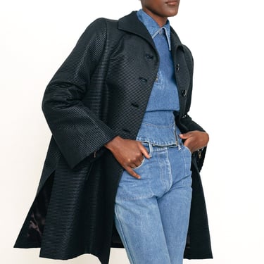 90s Yves Saint Laurent Black Horizontal Striped Wool Blend Coat