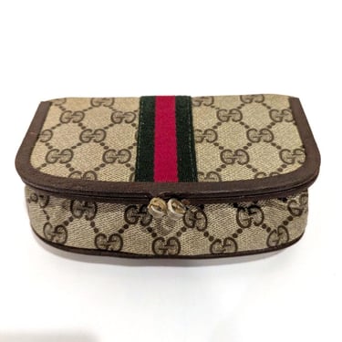 MINT! GUCCI Brown Kisslock Web Clutch Purse w Mirror, Monogram & Leather Trim 