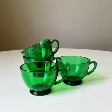 Set of 4 Vintage Mid Century Modern Emerald Green Glass Tea Cups 