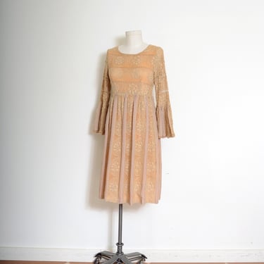 vintage 60s/70s cotton lace dress by Fred Leighton / Mexican wedding dress w/pleated skirt and bell sleeves / rare designer vintage / small 