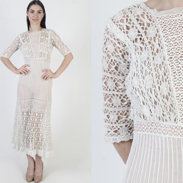 1900s White Edwardian Dress, 20s Lace Victorian Cotton Gown, Vintage Antique Wedding Maxi 
