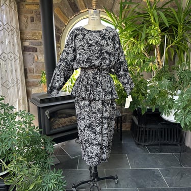Vintage 1980s Black Ivory Floral Back Button Belted Dress Flounce Stuart Alan NOS 