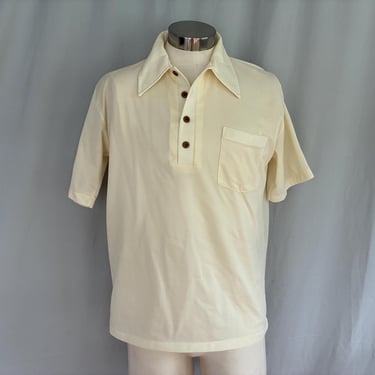 Mens off-white short sleeved 1970s shirt, groovy cream 70s shirt with long collar points, very sheer fabric size large, David Honison polo 