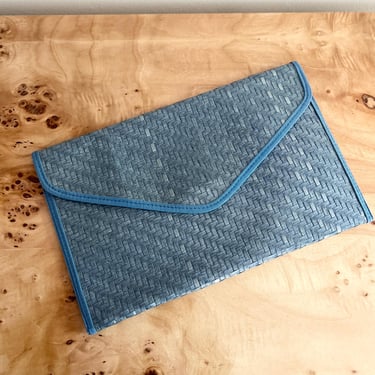 Vintage Blue Woven envelope Clutch, 1980s Minimalist Purse, Textured Leather Evening Bag, Coastal Chic accessory bag 
