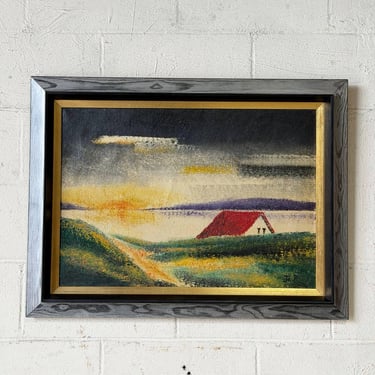 J.P. Signed Framed Rural Landscape Oil Painting on Canvas Vintage Mid-Century Modern 1970s 