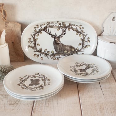 Vintage French TRADITION DE FRANCE White Porcelain Dinnerware set Nature & Hunting theme decor 