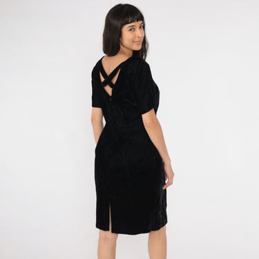Vintage Black Velvet Dress 90s Criss-Cross Back Party Short Sleeve Sheath Sweetheart Neckline Midi Cocktail Gothic Witch Goth Medium M 