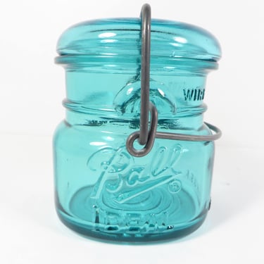 Vintage 1/2 Pint Ball Ideal Mason Jar Bicentennial Eagle Teal w/ Wire Bail & Lid 