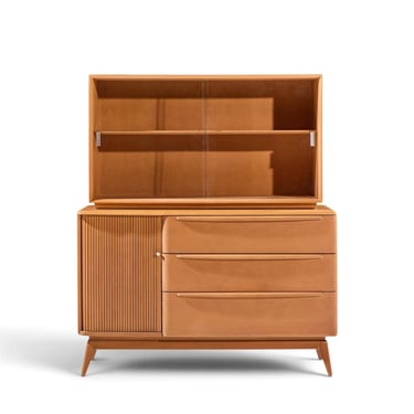 Heywood Wakefield Mid Century Champagne Tambour Door Sideboard Credenza with Hutch - mcm 