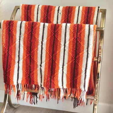 Vintage Hand Knitted Afghan: Fall Colors Autumn Orange & Brown Striped Southwestern Throw with Fringe 