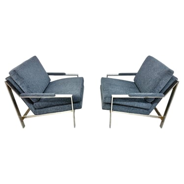 Vintage Milo Baughman Style Flat Bar Chrome Arm Chairs - Set of 2 