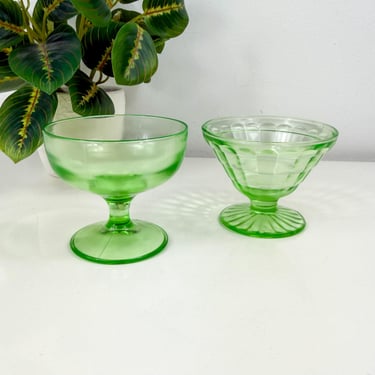 Mixed set of 2 Uranium Glass Champagne Coupe, Vintage Green Glow Glass 