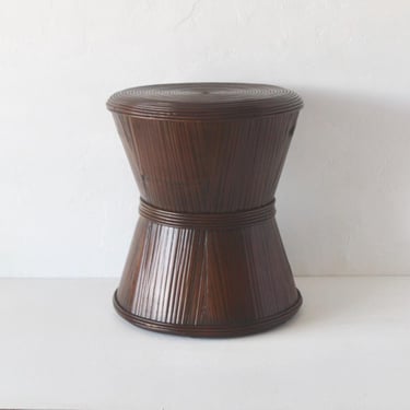 Vintage Sculptural Dark Bamboo Rattan Hourglass Bowtie Pedestal Side Table 