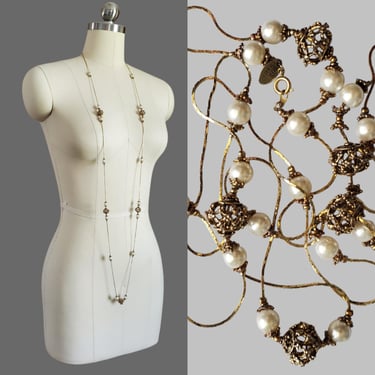 1980s Extra Long Gold Chain with Faux Pearls and Filigree Ball Beads by The Limited - 80s does 20s Jewelry - 80s Accessories 